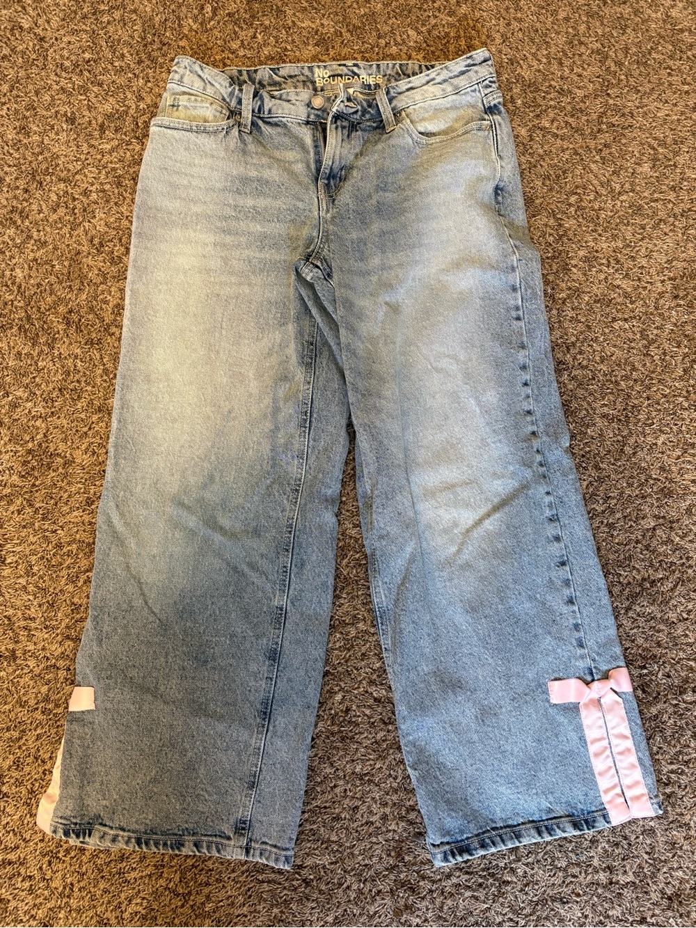 No Boundaries Light Blue Wide Leg Jeans with Pink Ribbon Accents